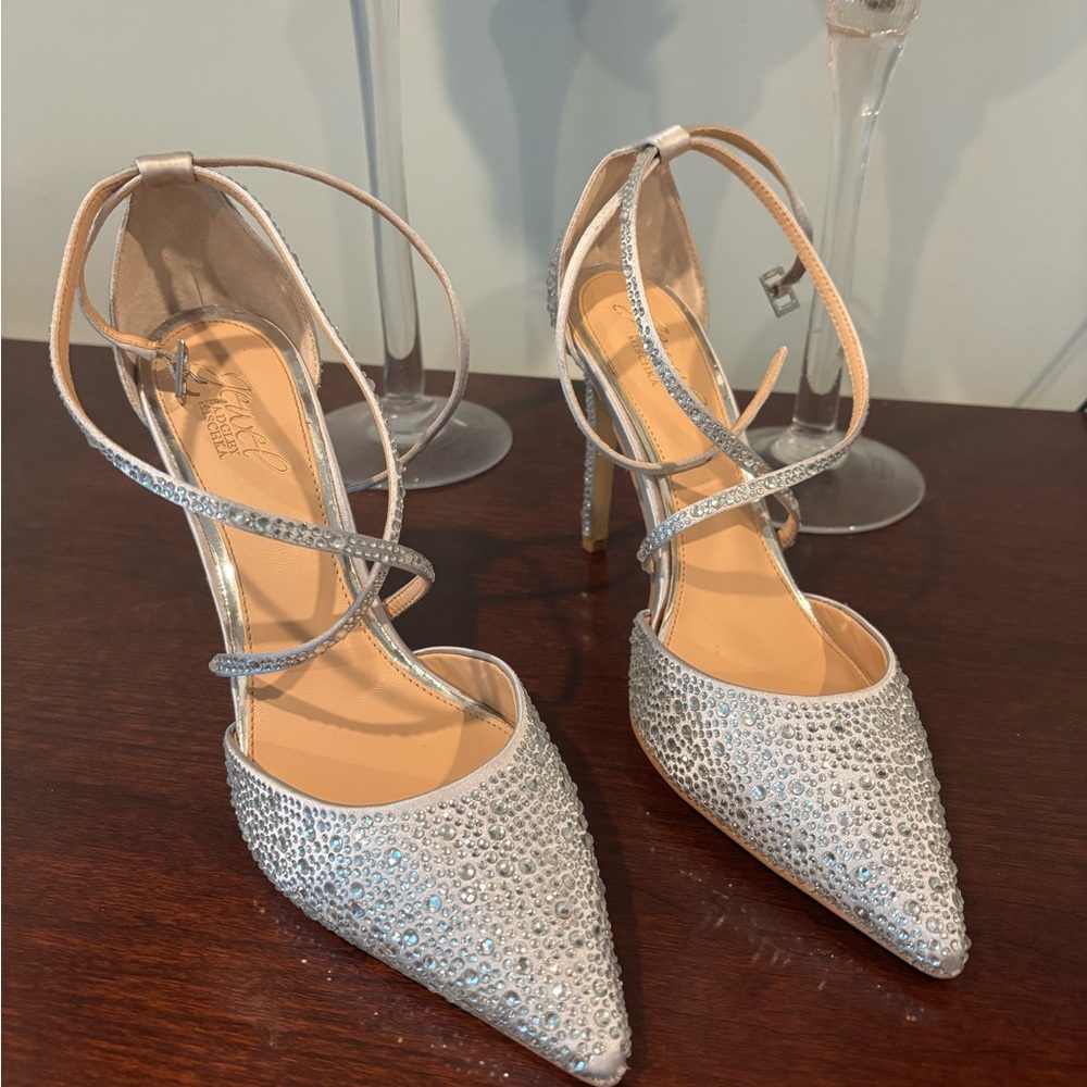 Badgley Mischka Silver Stiletto Heels with Ankle Wrap